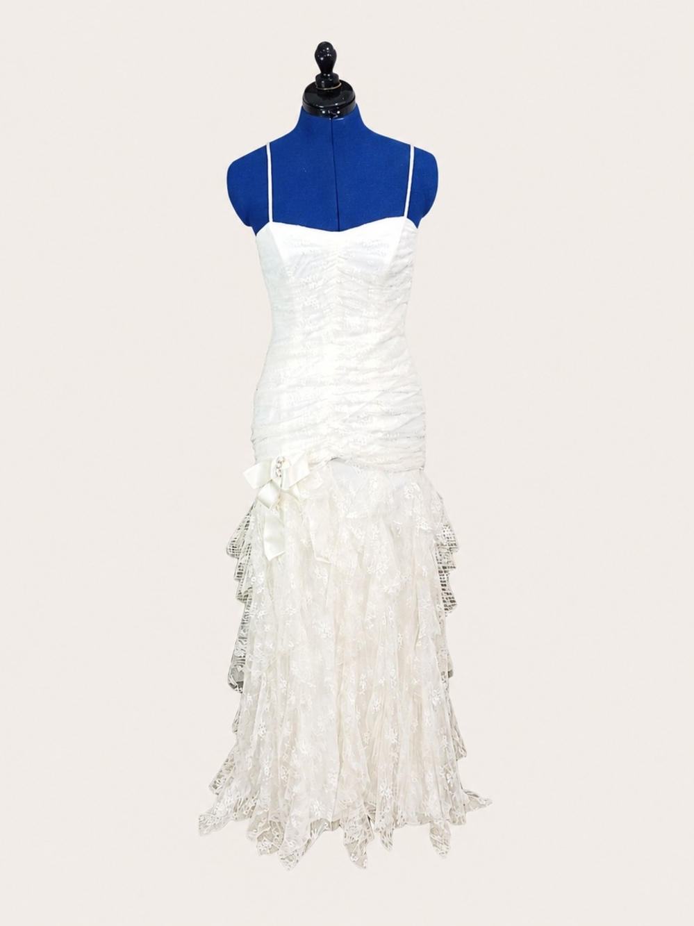Betsy & Adam Ivory Lace Mermaid Wedding Dress with Bow Accent